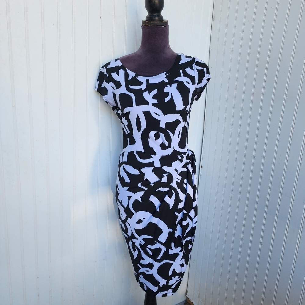 Cache Dress Stretch Black White Geometric Abstract Tie Bodycon Cap Slv Lined S